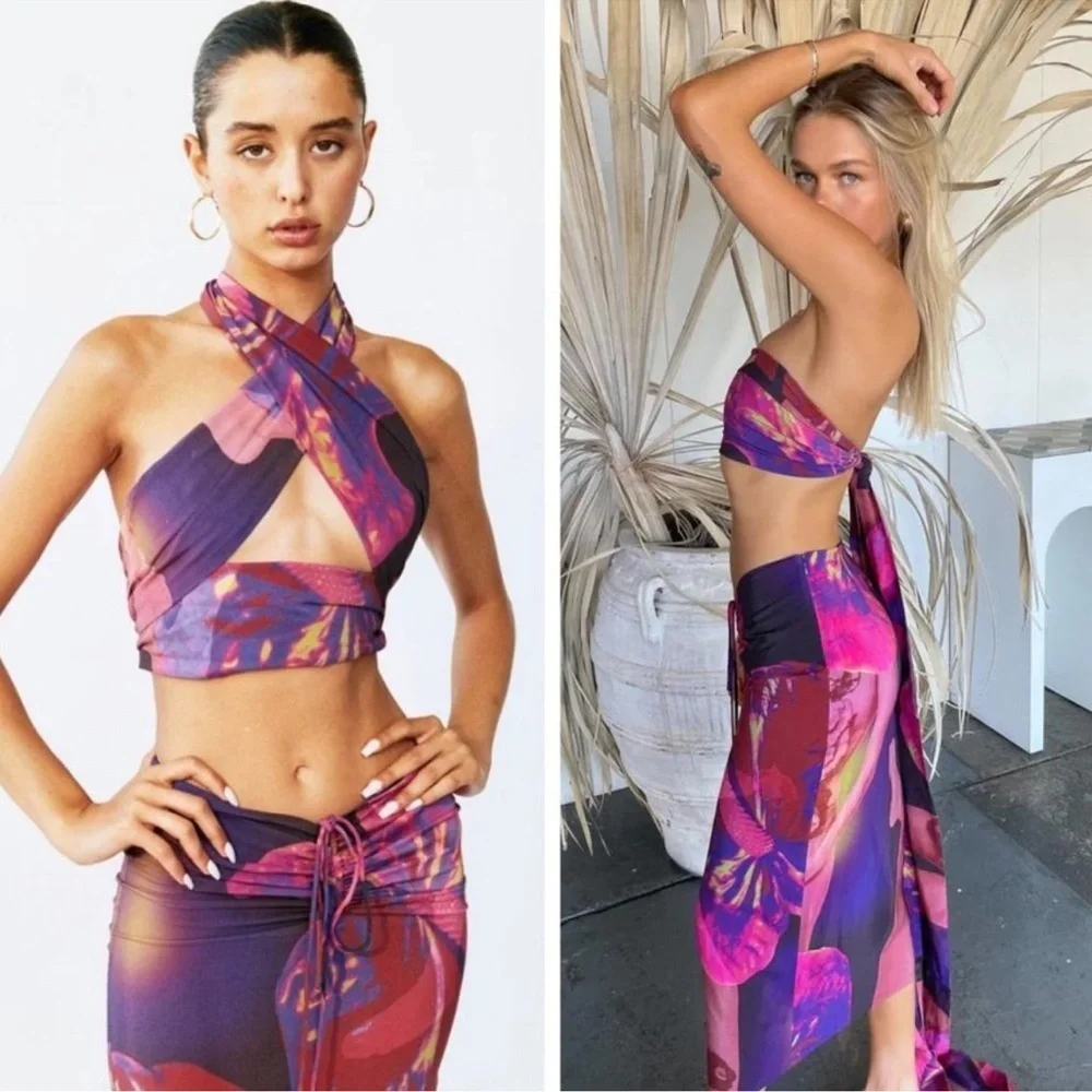 With Jean Naomi Purple Festival Rave Convertible Halter Wrap Midi Skirt Set XS - Picture 4 of 16